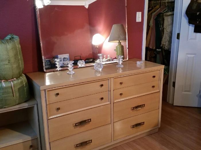 Vintage Mengel permanized blond color dresser with nightstand, mirror and dovetailed drawers and designer mark/signature 