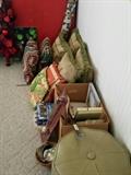 Stationary, decorative pillows, vintage foot ottoman