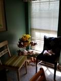 Vintage wooden desk chairs, rack, beanie babies 