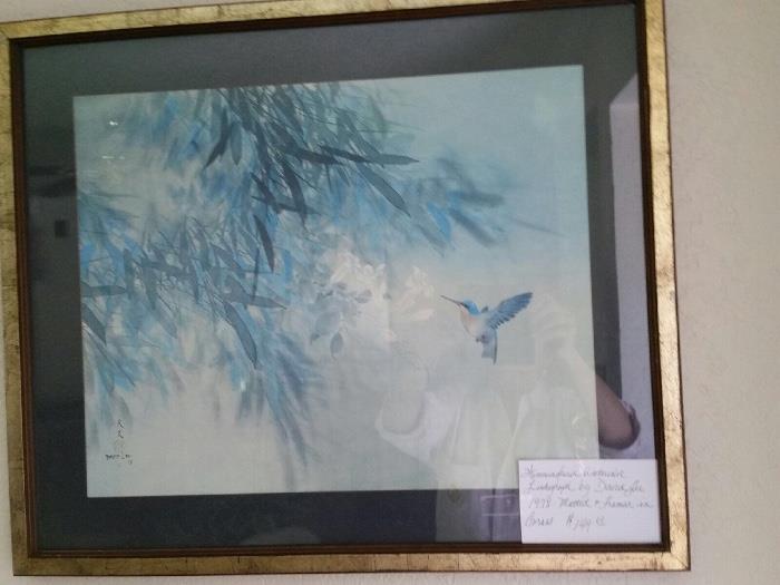 1978 David Lee watercolor hummingbird painting matted and framed
