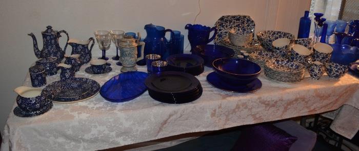TABLES of Staffordshire China and Cobalt Glass