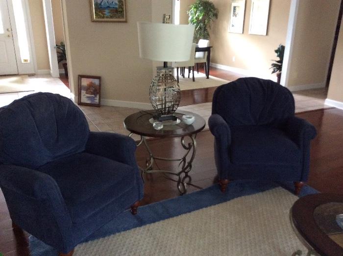 Pair of blue velour arm chairs