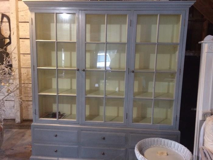 Asking $2,500 Large Bookcase Hutch.  Bead board inside.  Color: Elephant Gray.  Cream inside.   Paid $6,700