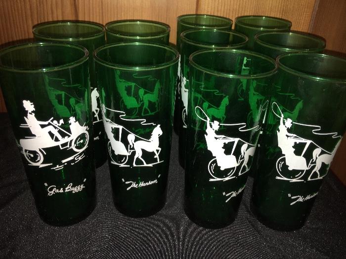 Set of 10 vintage forest green glasses, "The Buggy" and "The Hansom".