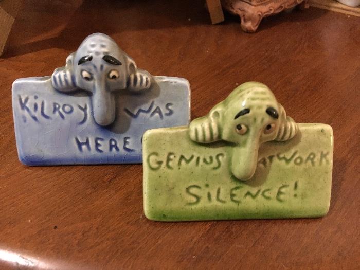 Very hard-to-find "Kilroy was here" and "Genius At Work Silence!" salt and pepper shakes, WWII era.
