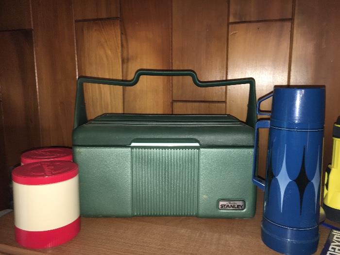 Vintage Aladdin/Stanley thermoses and lunch cooler.