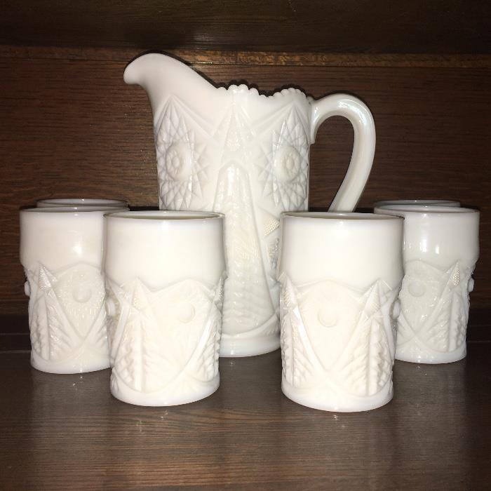 Vintage milk glass pitcher and 6 tumblers.