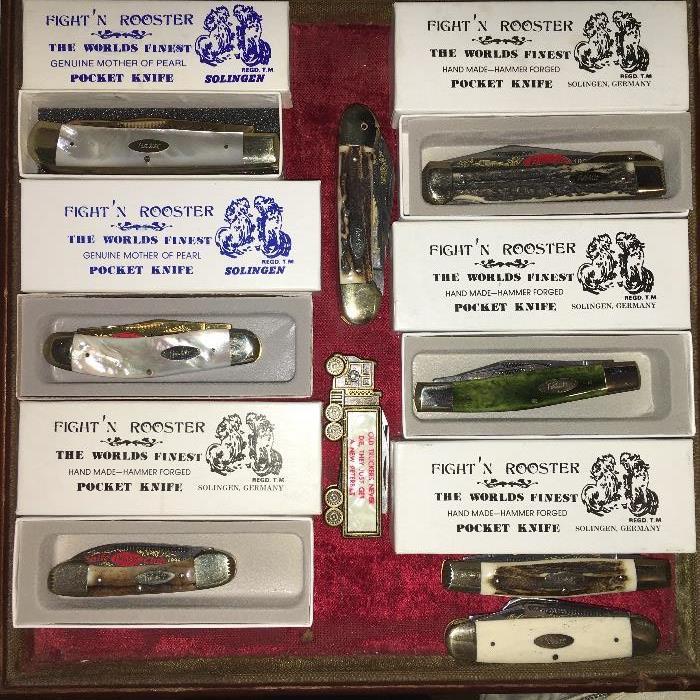 Six "Fight'n Rooster" German pocket knives for Peterbilt and other Peterbilt pocket knives (no boxes).