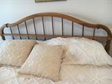 Sold oak bedroom group by Jamestown Sterling. Set includes large dresser with 3-way mirror, chest on chest, two nightstands and queen size bed. Just replace the hardware for a quick update.