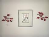 Vintage enamel on metal dogwood wall décor, framed prints.