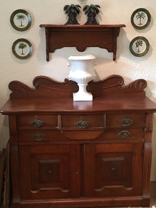 Antique oak buffet and shelf