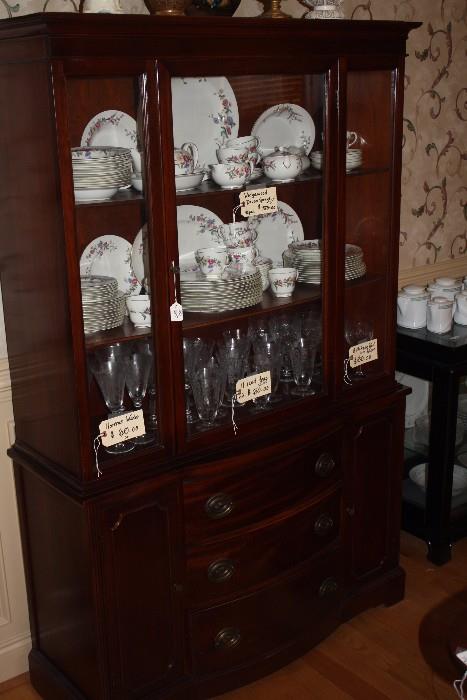 China cabinet with great formal set of china and goblets/glasses
