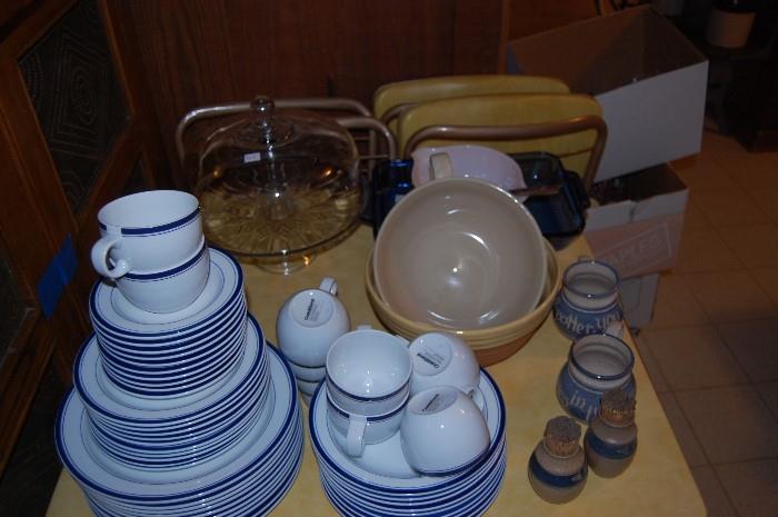 Blue and White dish set. Glass coveted cake plate. 