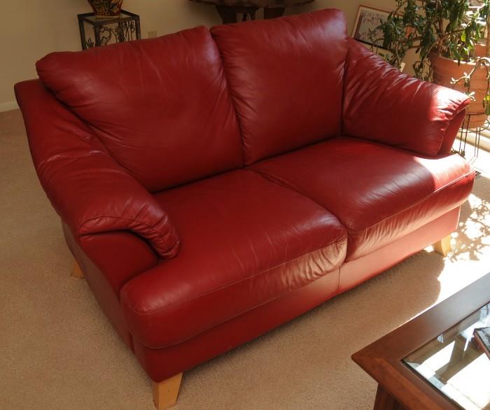 PAIR OF RED LEATHER SOFAS