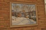 John E. Berninger(American, 1897-1981), oil on board winter landscape signed lower left "John E. Berninger", 15 3/4" x 20". [NOTE DAMAGE] 
