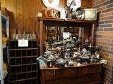 Nice American ANtique Oak Buffet with just a bit of victorian silver plate. There are also several antique tins.