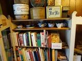 Cook Books and Antique TIns in Nice Turn-of -Century 2 Dool Display