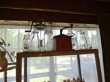 Old Glass Churn, Antique Coffee Grinder and Various Milk and Cream Bottles