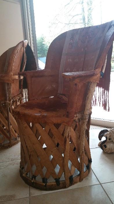 8 Mexican chairs, leather seats, bamboo frames