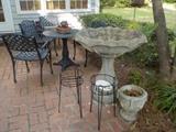 Iron Patio Set, planters, concrete bird bath and planters