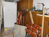 freezer, shoe last, work bench, yard tools, glass ware, misc.