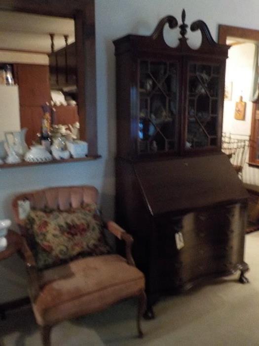 Beautiful Mahogany Secretary with ball and claw feet, needlepoint pillows, nice side chairs, Fenton and Westmoreland glass