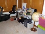 exercise bike, globe, computer that needs hard drive, monitors, safe, office misc., containers