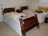 mahogany pineapple post twin beds with lift mattresses, linens, vintage baby gowns