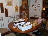 heavy oak and iron table with 6 chairs, kitchen utensils, appliances and misc.
