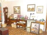 sewing machine, cherry server, misc. paintings and prints, florals, baskets