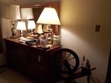 Cherry dresser, lamps, spinning wheel