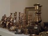 brass bookends, candlesticks, trivets, bells