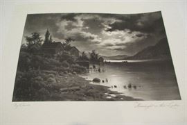 engraving barns at night on lake