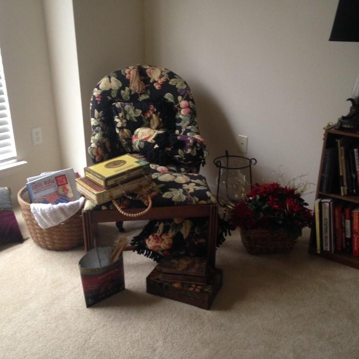 cigar box purses, knitting, chair and ottoman