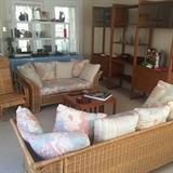 Mid century Danish wall unit with drawers, vintage wicker sofa and Loveseat, vintage wicker lounger