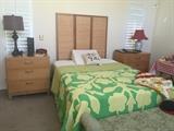 Midcentury bedroom night stands, or End tables, rattan room divider, quilts