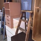 Vintage wood step ladder, storage cubes, filing cabinets, ladders, shop storage