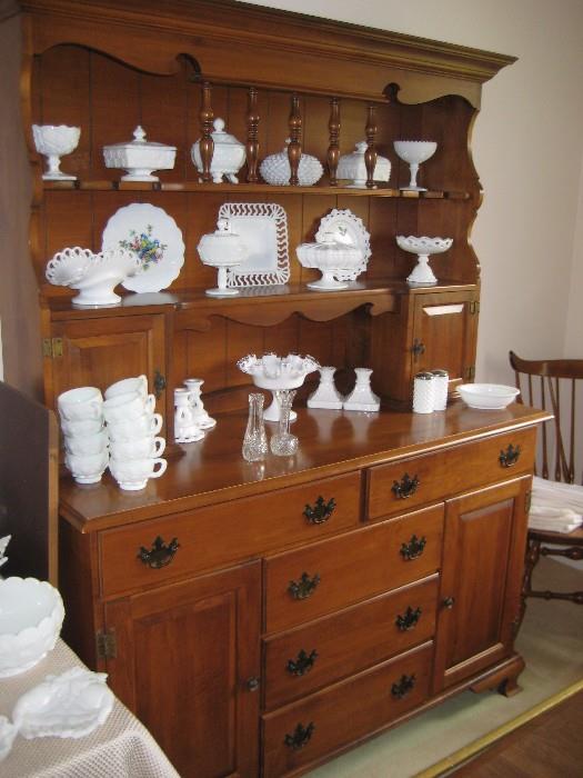 Maple china display cupboard, milk glass collection
