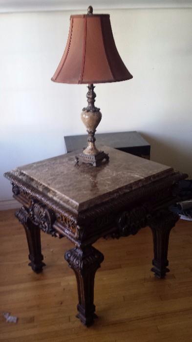 2 ends table plus coffee table with leather couch and love seat to match.  Lamps for sales too