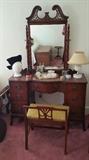 Ladies mahogany vanity with mirror and stool - excellent condition