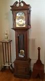 Grandfather clock, small plant stand with marble top and childrens stool
