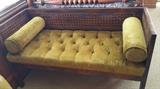 Vintage settee with rattan back and sides - velvet cushion