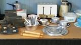 Children's set of pot, pans, toaster, burner, pyrex, aluminum tea cups and saucers