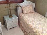 Wicker Side Table with Glass Top and Drawers (Lexington / Henry Link), Lamp, and Twin Bed with Mattress, Box Springs, Frame, Wicker Headboard, and bedding (Fairly New & Seldom Used)