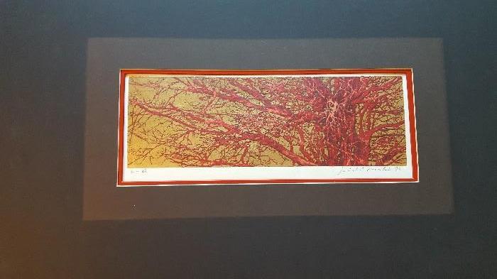 Joichi Hoshi, woodblock entitled "Red Branches," unframed. Signed. The woodcut itself measures 14 5/8" x 4 7/8", and the matting measures 29" x 19 1/4".