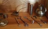 Neat old brass items -- antique locks, weights, keys, measures, milk jugs.