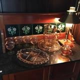 Depression glass atop a fabulous Welsh wash stand with English tile back and marble top