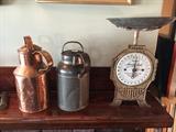 Vintage scale, Germany --- Copper and galvanized steel vintage milk ugs