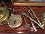 Coolest Samson Lock ever. Vintage brass keys, glass cutter, pie crimp, dog whistle
