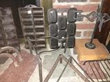 American Primitives, fireplace spider, trivets, cast iron corn bread tins, andirons